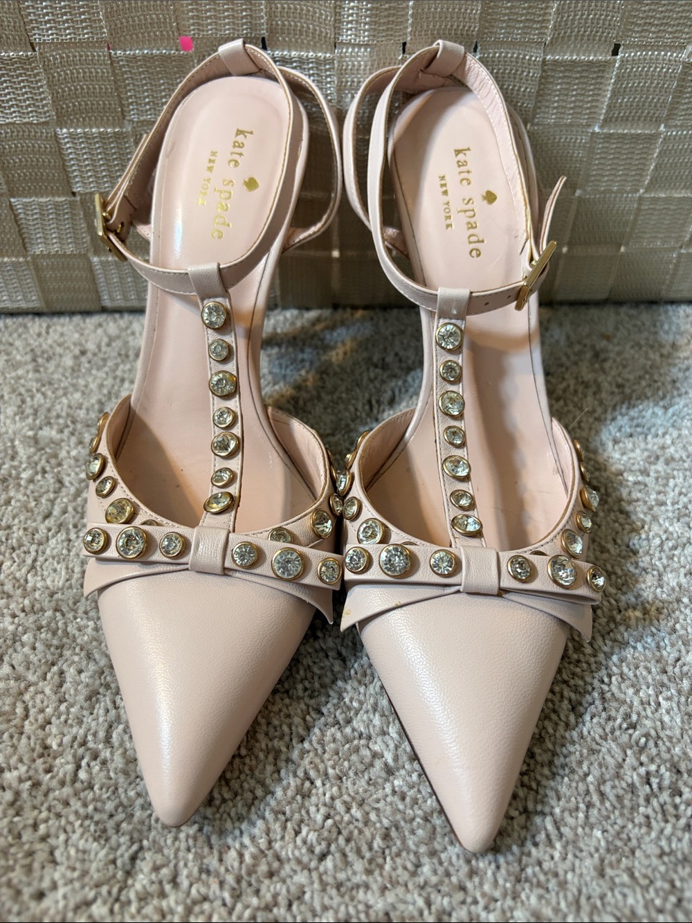 Kate Spade Italy Blush Pink Leather T-Strap Rhinestone Bow Heels Pumps 7.5B